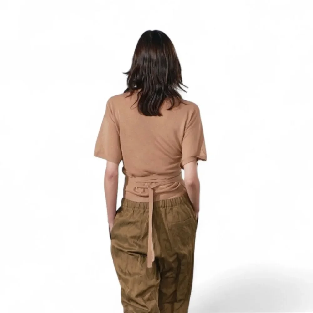 ZARA Tan Linen Blend Boxy Short Sleeve Bandage Wrap Crop Short Sleeve T Shirt S